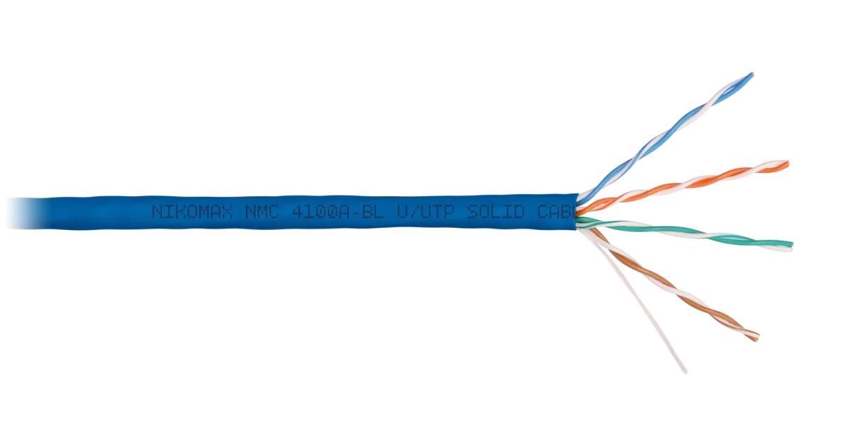 Кабель U/UTP 4 пары, Кат.5e (Класс D), тест по ISO/IEC, 100МГц, одножильный, BC (чистая медь), 24AWG (0,51мм), поливинилхлорид, внутренний, синий, 305м Кабель U/UTP 4 пары, Кат.5e (Класс D), тест по ISO/IEC, 100МГц, одножильный, BC (чистая медь), 24AWG (0,51мм), поливинилхлорид, внутренний, синий, 305м