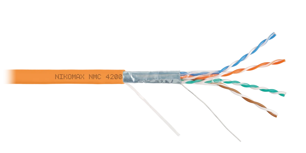 Кабель F/UTP 4 пары, Кат.5e (Класс D), тест по ISO/IEC, 100МГц, одножильный, BC (чистая медь), 24AWG (0,51мм), полимерный материал нг(А)-HF, внутренний, оранжевый, 305м Кабель F/UTP 4 пары, Кат.5e (Класс D), тест по ISO/IEC, 100МГц, одножильный, BC (чистая медь), 24AWG (0,51мм), полимерный материал нг(А)-HF, внутренний, оранжевый, 305м