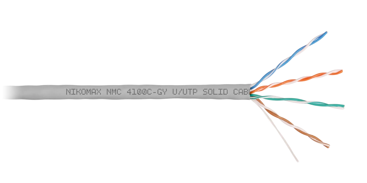 Кабель U/UTP 4 пары, Кат.5e (Класс D), тест по ISO/IEC, 100МГц, одножильный, BC (чистая медь), 24AWG (0,51мм), полимерный материал нг(А)-HF, внутренний, серый, 305м Кабель U/UTP 4 пары, Кат.5e (Класс D), тест по ISO/IEC, 100МГц, одножильный, BC (чистая медь), 24AWG (0,51мм), полимерный материал нг(А)-HF, внутренний, серый, 305м