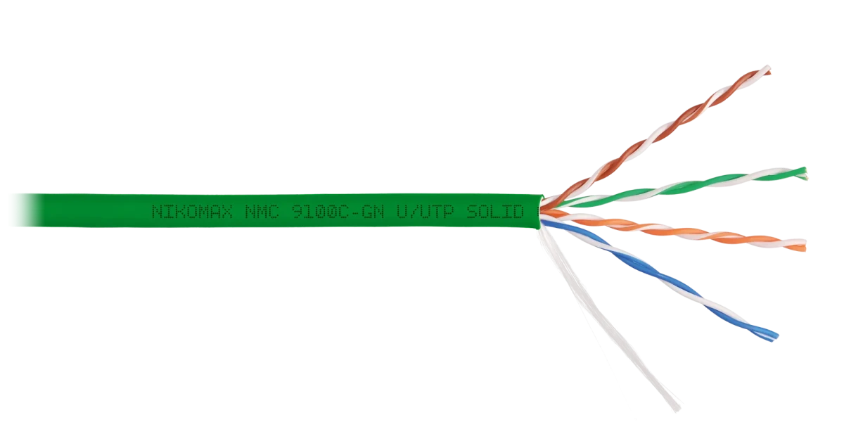 Кабель U/UTP 4 пары, Кат.5e (Класс D), тест по ISO/IEC, 100МГц, одножильный, BC (чистая медь), 24AWG (0,52мм), полимерный материал нг(А)-HF, внутренний, зеленый, 305м Кабель U/UTP 4 пары, Кат.5e (Класс D), тест по ISO/IEC, 100МГц, одножильный, BC (чистая медь), 24AWG (0,52мм), полимерный материал нг(А)-HF, внутренний, зеленый, 305м