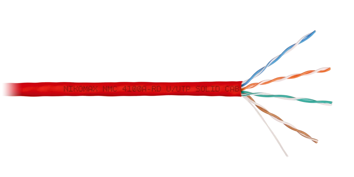 Кабель U/UTP 4 пары, Кат.5e (Класс D), тест по ISO/IEC, 100МГц, одножильный, BC (чистая медь), 24AWG (0,51мм), поливинилхлорид, внутренний, красный, 305м Кабель U/UTP 4 пары, Кат.5e (Класс D), тест по ISO/IEC, 100МГц, одножильный, BC (чистая медь), 24AWG (0,51мм), поливинилхлорид, внутренний, красный, 305м