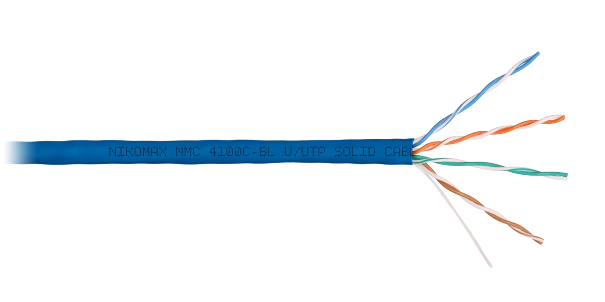 Кабель U/UTP 4 пары, Кат.5e (Класс D), тест по ISO/IEC, 100МГц, одножильный, BC (чистая медь), 24AWG (0,51мм), полимерный материал нг(А)-HF, внутренний, синий, 305м Кабель U/UTP 4 пары, Кат.5e (Класс D), тест по ISO/IEC, 100МГц, одножильный, BC (чистая медь), 24AWG (0,51мм), полимерный материал нг(А)-HF, внутренний, синий, 305м
