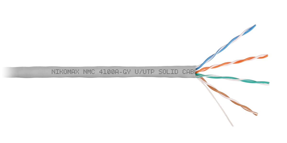 Кабель U/UTP 4 пары, Кат.5e (Класс D), тест по ISO/IEC, 100МГц, одножильный, BC (чистая медь), 24AWG (0,51мм), поливинилхлорид, внутренний, серый, 305м Кабель U/UTP 4 пары, Кат.5e (Класс D), тест по ISO/IEC, 100МГц, одножильный, BC (чистая медь), 24AWG (0,51мм), поливинилхлорид, внутренний, серый, 305м
