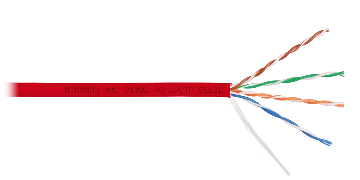 Кабель U/UTP 4 пары, Кат.5e (Класс D), тест по ISO/IEC, 100МГц, одножильный, BC (чистая медь), 24AWG (0,52мм), полимерный материал нг(А)-HF, внутренний, красный, 305м Кабель U/UTP 4 пары, Кат.5e (Класс D), тест по ISO/IEC, 100МГц, одножильный, BC (чистая медь), 24AWG (0,52мм), полимерный материал нг(А)-HF, внутренний, красный, 305м