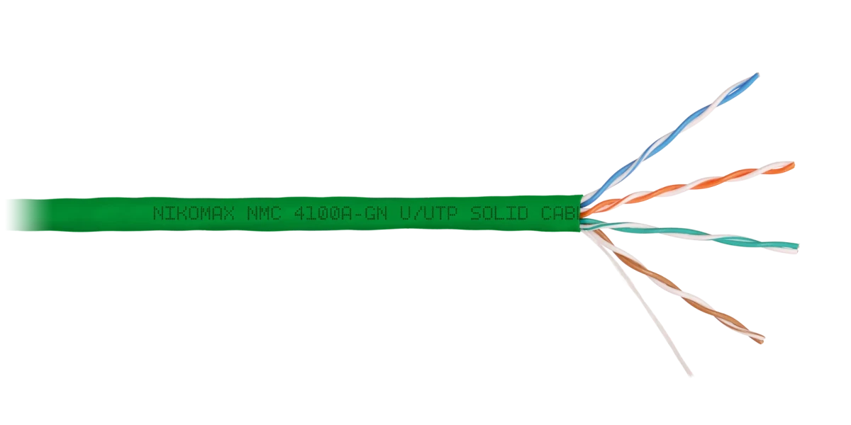 Кабель U/UTP 4 пары, Кат.5e (Класс D), тест по ISO/IEC, 100МГц, одножильный, BC (чистая медь), 24AWG (0,51мм), поливинилхлорид, внутренний, зеленый, 305м Кабель U/UTP 4 пары, Кат.5e (Класс D), тест по ISO/IEC, 100МГц, одножильный, BC (чистая медь), 24AWG (0,51мм), поливинилхлорид, внутренний, зеленый, 305м