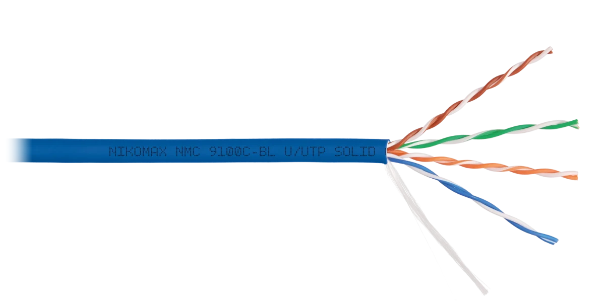 Кабель U/UTP 4 пары, Кат.5e (Класс D), тест по ISO/IEC, 100МГц, одножильный, BC (чистая медь), 24AWG (0,52мм), полимерный материал нг(А)-HF, внутренний, синий, 305м Кабель U/UTP 4 пары, Кат.5e (Класс D), тест по ISO/IEC, 100МГц, одножильный, BC (чистая медь), 24AWG (0,52мм), полимерный материал нг(А)-HF, внутренний, синий, 305м