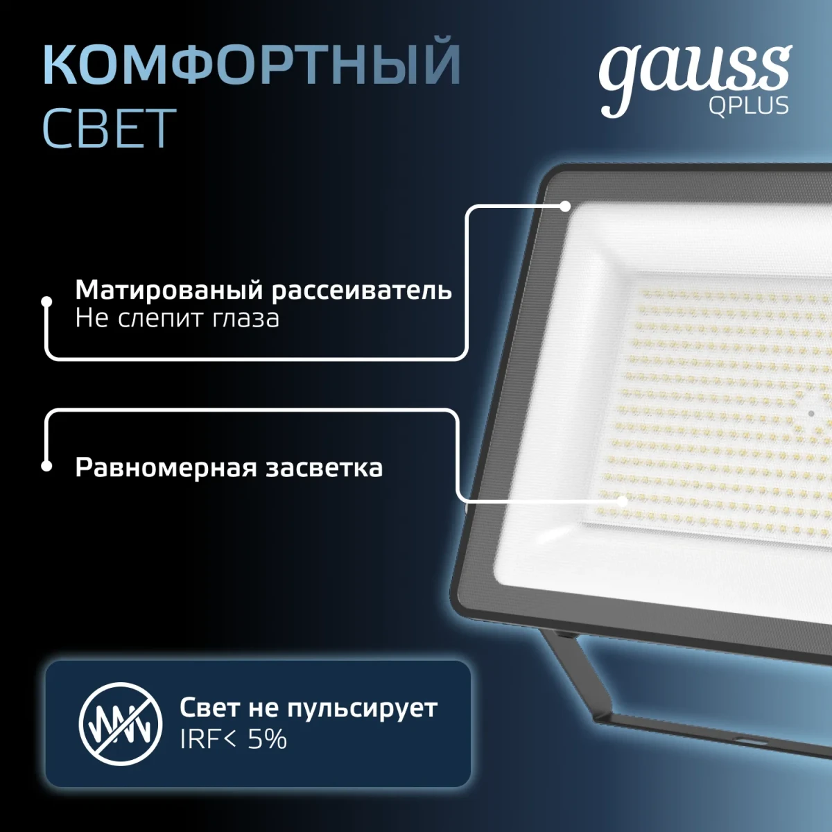 Прожектор светодиодный ДО 150 Вт 6500К 18000 лм 175-265В IP65 250х32х335мм Алюминий матрированное закаленное стекло Qplus Gauss Прожектор светодиодный ДО 150 Вт 6500К 18000 лм 175-265В IP65 250х32х335мм Алюминий матрированное закаленное стекло Qplus Gauss
