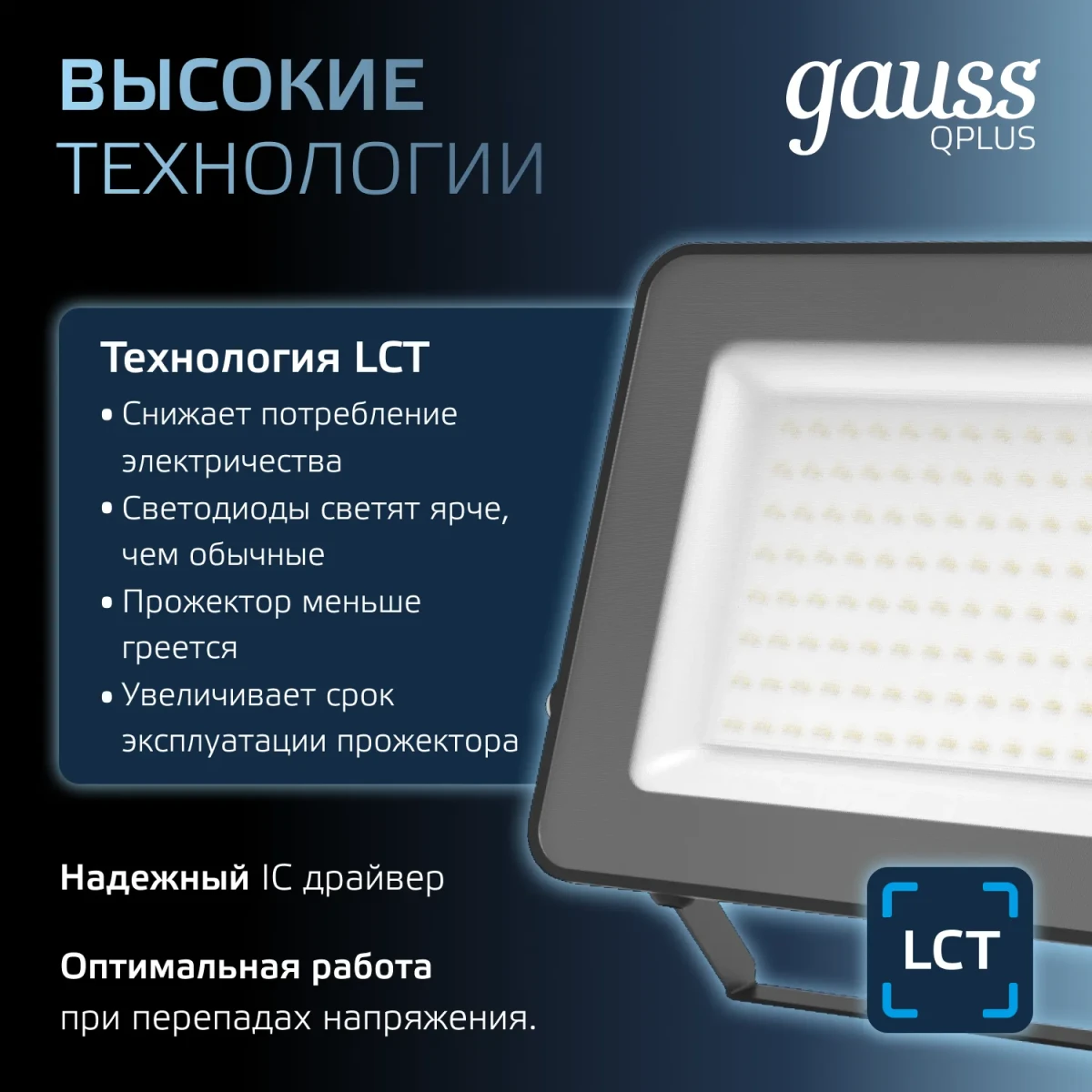 Прожектор светодиодный ДО 100 Вт 6500К 12000 лм 175-265В IP65 210х32х283мм Алюминий матрированное закаленное стекло Qplus Gauss Прожектор светодиодный ДО 100 Вт 6500К 12000 лм 175-265В IP65 210х32х283мм Алюминий матрированное закаленное стекло Qplus Gauss