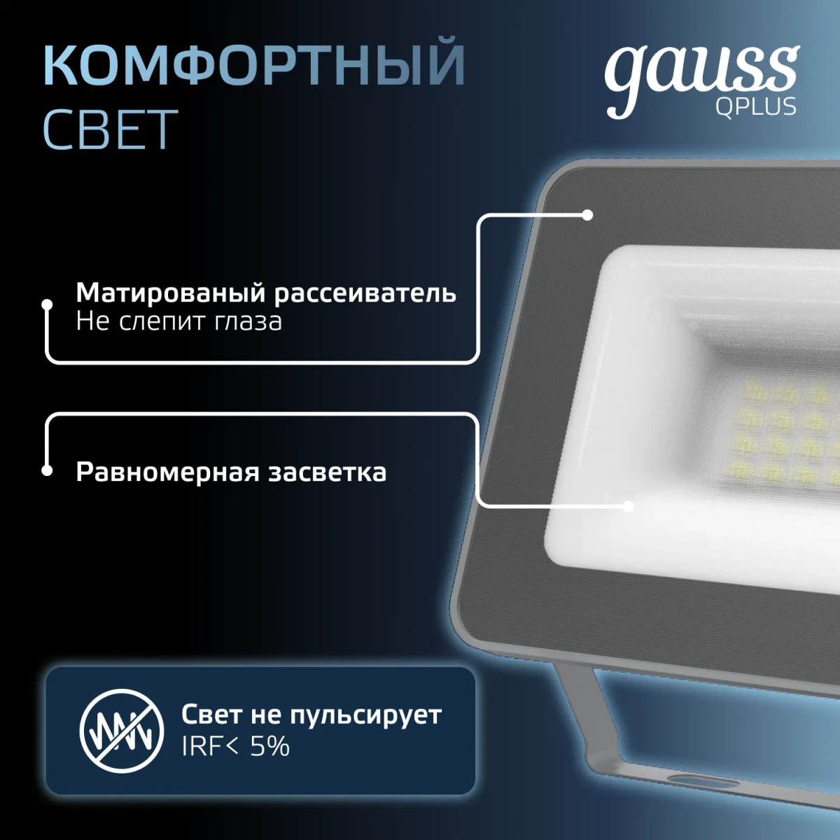 Прожектор светодиодный ДО 20 Вт 6500К 2100 лм 200-240В IP65 102х28х125мм Алюминий матрированное закаленное стекло Qplus Gauss Прожектор светодиодный ДО 20 Вт 6500К 2100 лм 200-240В IP65 102х28х125мм Алюминий матрированное закаленное стекло Qplus Gauss