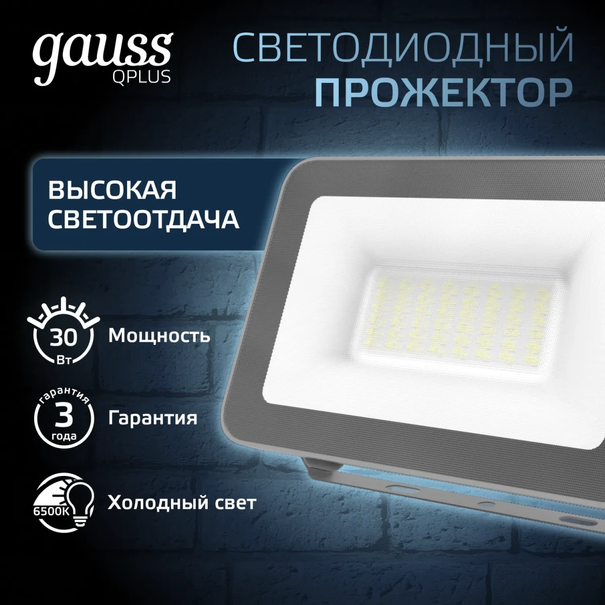 Прожектор светодиодный ДО 30 Вт 6500К 3150 лм 200-240В IP65 128х28х160мм Алюминий матрированное закаленное стекло Qplus Gauss Прожектор светодиодный ДО 30 Вт 6500К 3150 лм 200-240В IP65 128х28х160мм Алюминий матрированное закаленное стекло Qplus Gauss