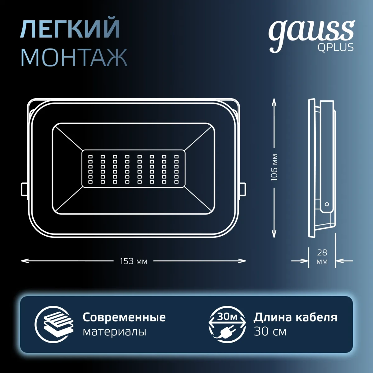 Прожектор светодиодный ДО 30 Вт 6500К 3150 лм 200-240В IP65 128х28х160мм Алюминий матрированное закаленное стекло Qplus Gauss Прожектор светодиодный ДО 30 Вт 6500К 3150 лм 200-240В IP65 128х28х160мм Алюминий матрированное закаленное стекло Qplus Gauss