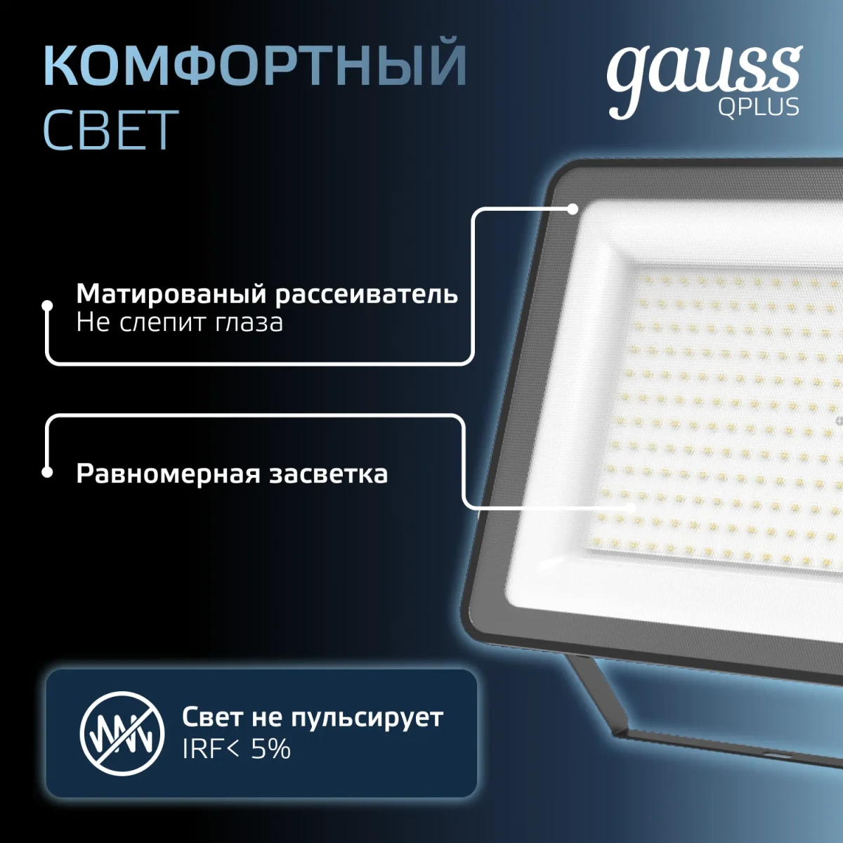 Прожектор светодиодный ДО 200 Вт 6500К 24000 лм 175-265В IP65 290х32х400мм Алюминий матрированное закаленное стекло Qplus Gauss Прожектор светодиодный ДО 200 Вт 6500К 24000 лм 175-265В IP65 290х32х400мм Алюминий матрированное закаленное стекло Qplus Gauss