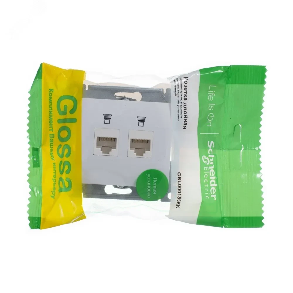 Розетка Glossa двойная компьютерная RJ45 + RJ45 кат.5E механизм белый Розетка Glossa двойная компьютерная RJ45 + RJ45 кат.5E механизм белый
