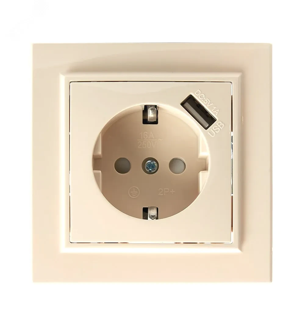 Розетка одноместная с/з с защитной шторкой и с USB, серия Эрна, слоновая кость, Stekker Розетка одноместная с/з с защитной шторкой и с USB, серия Эрна, слоновая кость, Stekker