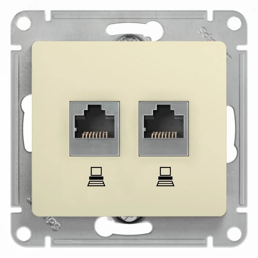 Розетка Glossa двойная компьютерная RJ45 + RJ45 кат.5E механизм бежевый Розетка Glossa двойная компьютерная RJ45 + RJ45 кат.5E механизм бежевый