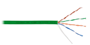 Кабель U/UTP 4 пары, Кат.5e (Класс D), тест по ISO/IEC, 100МГц, одножильный, BC (чистая медь), 24AWG (0,52мм), полимерный материал нг(А)-HF, внутренний, зеленый, 305м Кабель U/UTP 4 пары, Кат.5e (Класс D), тест по ISO/IEC, 100МГц, одножильный, BC (чистая медь), 24AWG (0,52мм), полимерный материал нг(А)-HF, внутренний, зеленый, 305м