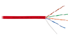 Кабель U/UTP 4 пары, Кат.5e (Класс D), тест по ISO/IEC, 100МГц, одножильный, BC (чистая медь), 24AWG (0,52мм), полимерный материал нг(А)-HF, внутренний, красный, 305м Кабель U/UTP 4 пары, Кат.5e (Класс D), тест по ISO/IEC, 100МГц, одножильный, BC (чистая медь), 24AWG (0,52мм), полимерный материал нг(А)-HF, внутренний, красный, 305м